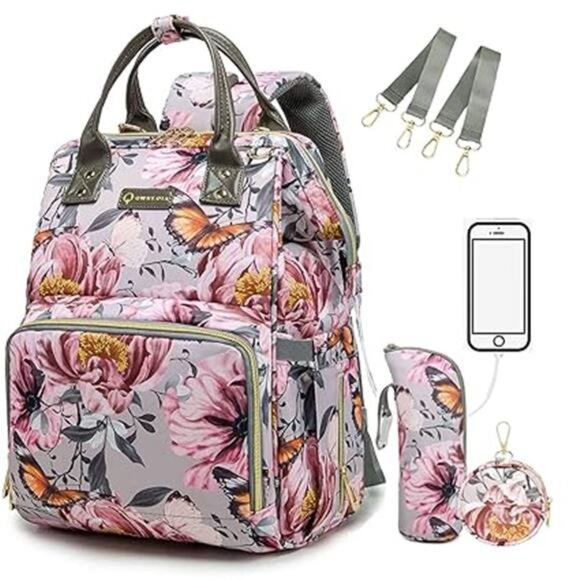 Floral Diaper Bag Backpack with Coin Bag USB Charging Port Stroller Straps - Picture 7 of 7